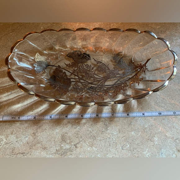 Vintage Sterling Silver City On Clear Crystal Flanders Flowers Oval Bowl Plate - Picture 8 of 8